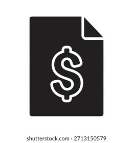 Documento de fatura financeira ícone de papel símbolo de símbolo de vetor de glifo sólido elemento de design de fatura em dólar relatório de imposto do contrato de folha de pagamento registro de contabilidade comercial