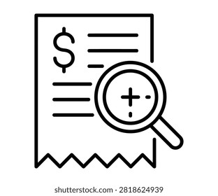 Financial invoice receipt bill inspected under magnifying glass line art vector icon. Expense report audit, receipt inspection, bill verification, and tax audit.