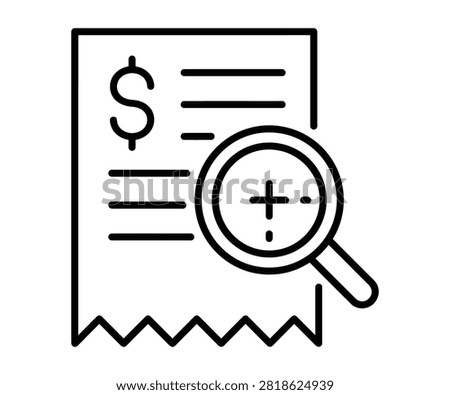 Financial invoice receipt bill inspected under magnifying glass line art vector icon. Expense report audit, receipt inspection, bill verification, and tax audit.