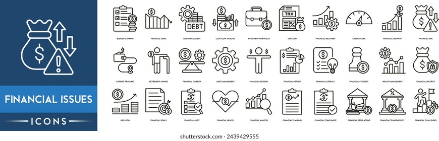 Financial Issues icon. Budget Planning, Crisis, Debt Management, Cash Flow Analysis, Investment Portfolio, Taxation, Financial Recovery, Credit Score, Financial Growth and Financial Risk