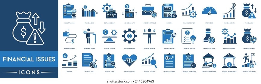 Financial Issues icon. Budget Planning, Crisis, Debt Management, Cash Flow Analysis, Investment Portfolio, Taxation, Financial Recovery, Credit Score, Financial Growth and Financial Risk