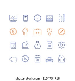 Financial item set, bank service, income growth, interest rate, car payment, savings account, pension fund, expenses calculation, house mortgage, loan application form, calendar vector line icon