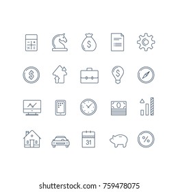 Financial item set, bank service, income growth, interest rate, car payment, savings account, pension fund, expenses calculation, house mortgage, loan application form, calendar vector line icon