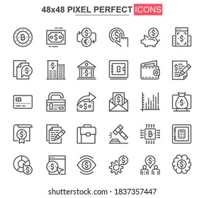 Financial items thin line icon set. Money exchange and stock trading outline pictograms for website and mobile app GUI. Economy simple UI, UX vector icons. 48x48 pixel perfect pictogram pack.