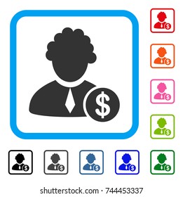 Financial Judge icon. Flat gray pictogram symbol inside a blue rounded frame. Black, gray, green, blue, red, orange color additional versions of Financial Judge vector.