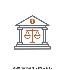 Financial justice building icon. A simple line drawing illustration of a building with scales of justice and a dollar sign, representing financial fairness and accountability.