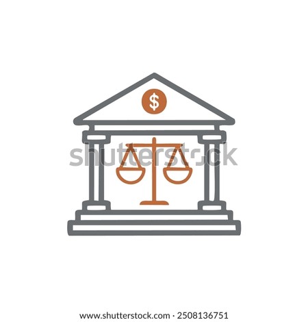 Financial justice building icon. A simple line drawing illustration of a building with scales of justice and a dollar sign, representing financial fairness and accountability.