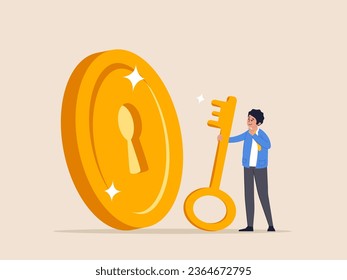 Financial key concept. Success, unlock secret reward for investment opportunity, wealth solution to make money, gain profit, smart businessman investor holding huge golden key to unlock coin keyhole