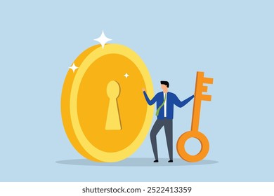 Sucesso financeiro chave, investidor empreendedor inteligente com uma grande chave de ouro pronto para abrir uma fenda de moeda