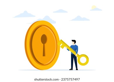 Financial key success concept, wealth solution to make money and gain profit, unlock secret reward for investment opportunities, smart businessman investor holding big gold key to open coin keyhole.