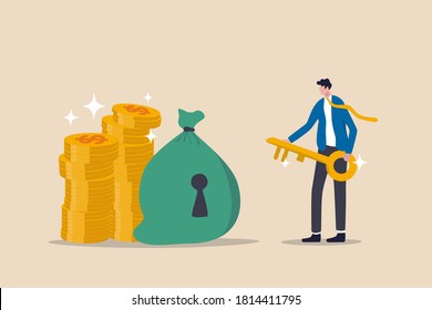 Financial key success, safe haven for investment or wealth manager to manage money concept, success businessman finance advisor holding golden key for money bag with keyhole and gold money coins stack