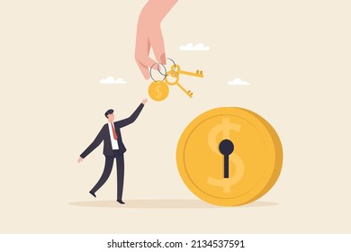 Financial Key Success, Unlock Secret Reward For Investment Opportunity, Wealth Solution To Make Money And Gain Profit Concept. Big Hand Giving A Key To A Small Businessman