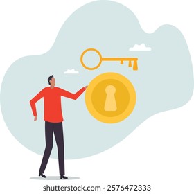 Financial key success, unlock secret reward for investment opportunity, wealth solution to make money and gain profit.business concept.flat character.