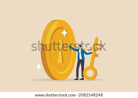 Financial key success, unlock secret reward for investment opportunity, wealth solution to make money and gain profit concept, smart businessman investor holding huge golden key to unlock coin keyhole