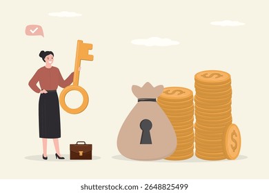 Sucesso chave financeira, gerente de riqueza para gerenciar o conceito de dinheiro, sucesso conselheira financeira mulher de negócios segurando chave de ouro para saco de dinheiro com buraco de fechadura e ouro dinheiro moedas pilha.