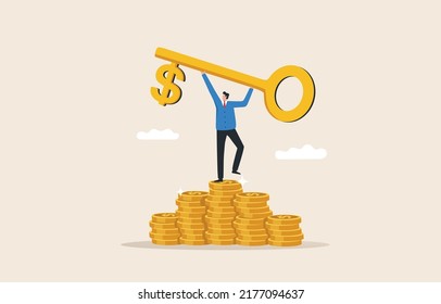 Financial key success. Wealth solution to make money and get profit.  A banker or a financially wealthy person.
Businessman holding key to financial success.
