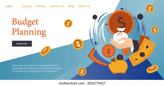Financial knowledge helping to plan budget for future purchases and needs of family. Buggy bank with coins and dollar banknotes. Website or webpage template, landing page flat vector illustration
