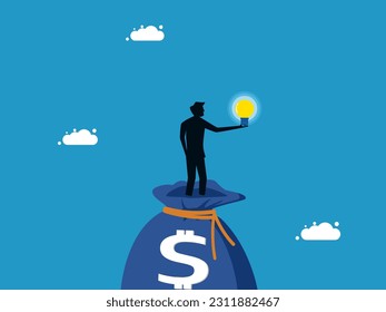 Financial knowledge and investment. man holding a light bulb on a money bag
