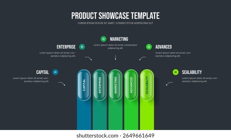 Financial Launch Slide Template Vector Illustration. Corporate Portfolio 5 Option Infographic Presentation Layout. Advertising Solution Five Step Diagram Frame Design.
