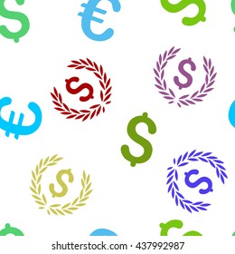 Financial Laurel Wreath vector seamless repeatable pattern. Style is flat financial laurel wreath and dollar symbols on a white background.