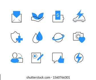 Financial and legal services color icons set. Property and health insurance, healthcare and lawyer consultation symbols. Open envelope, camera with heart and message box with thumbs up images