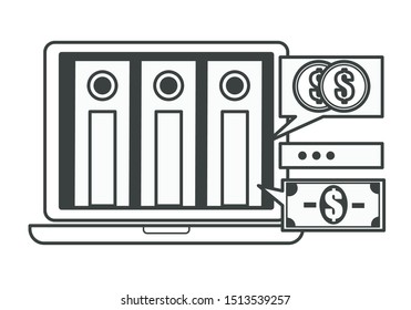 Financial library with files containing information about budget and money vector. Isolated icon of laptop screen and american dollar currency in cash. Dollars coins and banknotes by computer