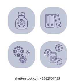 Financial line icon set. Gear wheels, sack with money, calculation, folders with financial reports. Accounting and finance concept. Vector illustrations for web design and apps