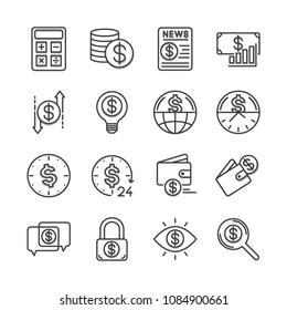 The financial line icons are 30x30 pixels and slightly raised from the background. Editable stroke. Vector illustration.
