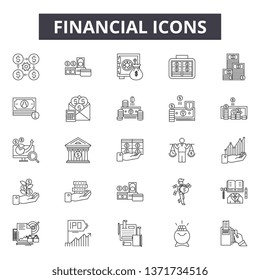 Financial line icons, signs set, vector. Financial outline concept, illustration: business,bank,finance,money,financial,graph,currency