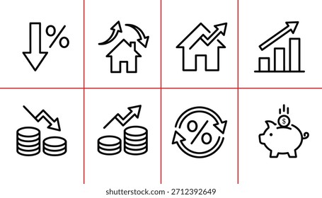 Vektorsymbole für Finanzlinien, die für Wirtschaft, Investitionen, Zinssätze und Geld festgelegt sind. Wachstum, Rückgang, Ersparnisse, Vektorsymbole.