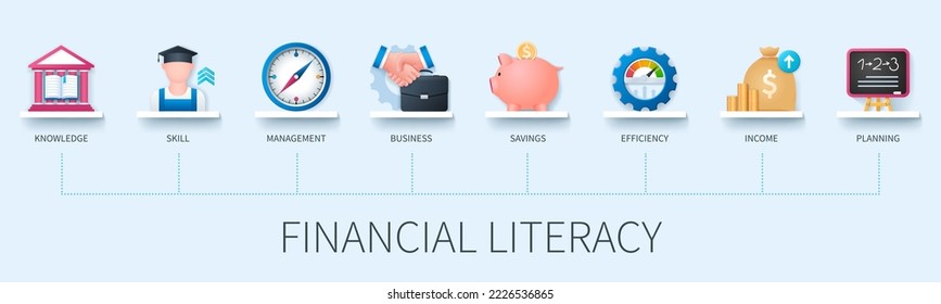 Financial literacy banner with icons. Knowledge, skill, management, business, savings, efficiency, income, planning. Business concept. Web vector infographic in 3D style