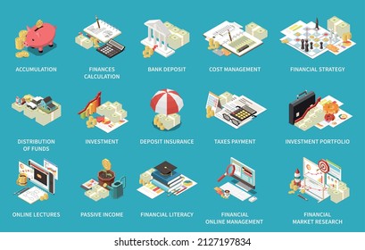 Financial Literacy And Budget Planning Isometric 3d Icons Set With Investment Management Bank Deposit Strategy Isolated On Blue Background 3d Vector Illustration