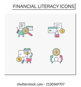 Financial Literacy Color Icons Set. Tracking Spending, Fixed Expenses, Spending Plan, Financial Aspirations. Business Concept. Isolated Vector Illustrations