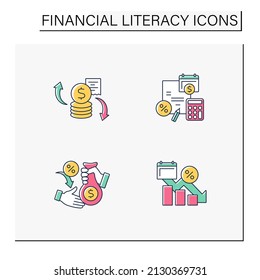 Financial Literacy Color Icons Set. Budget Plan, Variable Expense, Decrease In Liabilities, Choice Of Loans. Business Concept. Isolated Vector Illustrations