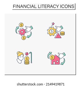 Financial literacy color icons set. Investing and planning for retirement, real-estate purchases, debt and cash-flow management. Business concept. Isolated vector illustrations