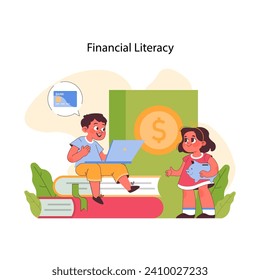 Financial literacy concept. Boy on laptop discusses banking, while girl holds piggy bank, both exploring finances. Children introduction to saving. Learning financial basics. Flat vector illustration