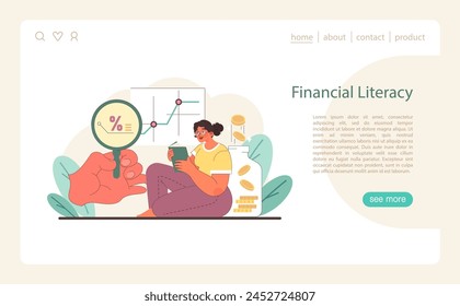 Financial Literacy concept. Delving into market trends and interest rates with keen analysis. Empowering informed financial decisions. Flat vector illustration.