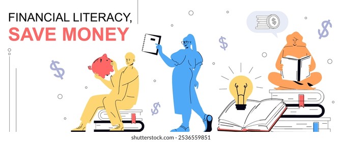 Financial literacy concept in flat cartoon design for web banner. People getting new information, saving money in piggy bank, managing personal finance and make smart investition. Vector illustration.