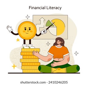 Financial Literacy concept. Grasping money management with savings and investment education. Foundation of economic knowledge. Flat vector illustration.