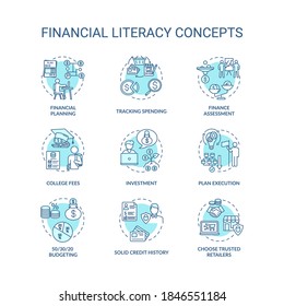 Financial Literacy Concept Icons Set. Wealthy Lifestyle Advices. Best Earning Strategies. Smart Spender Tips Idea Thin Line RGB Color Illustrations. Vector Isolated Outline Drawings. Editable Stroke