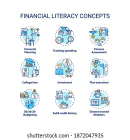 Financial Literacy Concept Icons Set. Financial Planning Process. Best Savings Strategies. Smart Spender Tips Idea Thin Line RGB Color Illustrations. Vector Isolated Outline Drawings. Editable Stroke