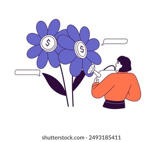 Financial literacy concept. Investment of money, increasing of savings, income, return. Development of cash deposits, business funds efficiency. Flat isolated outline vector illustration on white