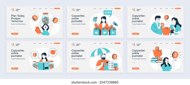 Financial literacy concept of landing page with slide templates set in flat design. Website headers with people saving money, managing and control personal finance, invest money. Vector illustrations.