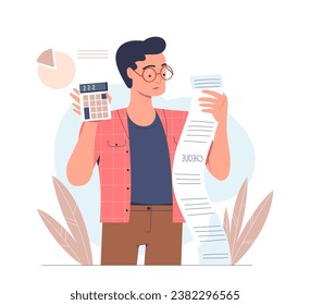 Financial literacy concept. Man with bill and calculator. Trading and investings, economy. Savings and budget. Poster or banner. Cartoon flat vector illustration isolated on white background