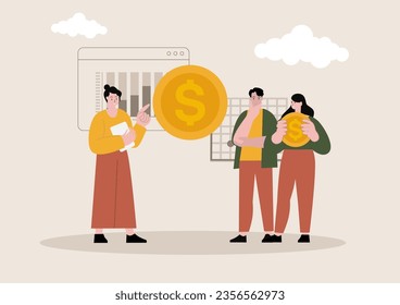 Financial literacy concept. People and money. Personal finance management, education, saving, budgeting, investing, managing expense. Flat graphic vector illustrations.