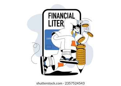 Financial literacy concept with people scene in flat line design for web. Man uses online bank data for money management and savings. Vector illustration for social media banner, marketing material.