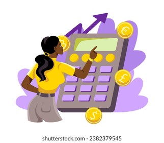 Financial literacy concept. Woman financial consultant counts money using calculator. Analysis of income and expenses, financial planning and budget management. Cartoon flat vector illustration