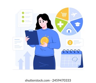 Financial literacy concept, Woman with money. Financial planning and budget allocation. Vector flat illustration