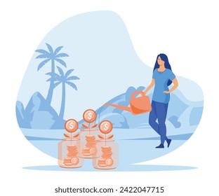 Financial literacy concept. Woman who is watering the money plant invests her money in self development. Flat  vector modern illustration