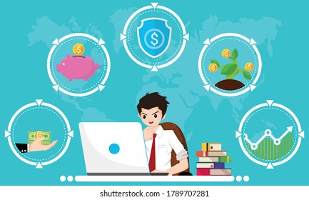 Financial literacy course for adult concept. Design by Business man use laptop for learning of cash reserves, savings money, protect fund, investment and wealth growth. Vector illustration